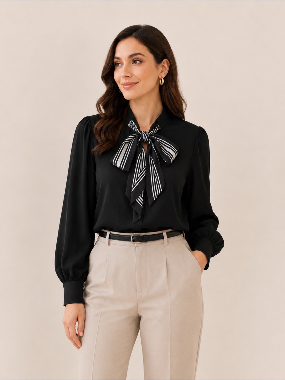 CHICWISH Black Blouse with Striped Neck Tie